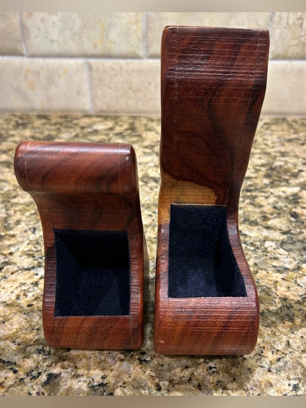Wooden bandsaw puzzle box with two felt lined secret compartments that slide out